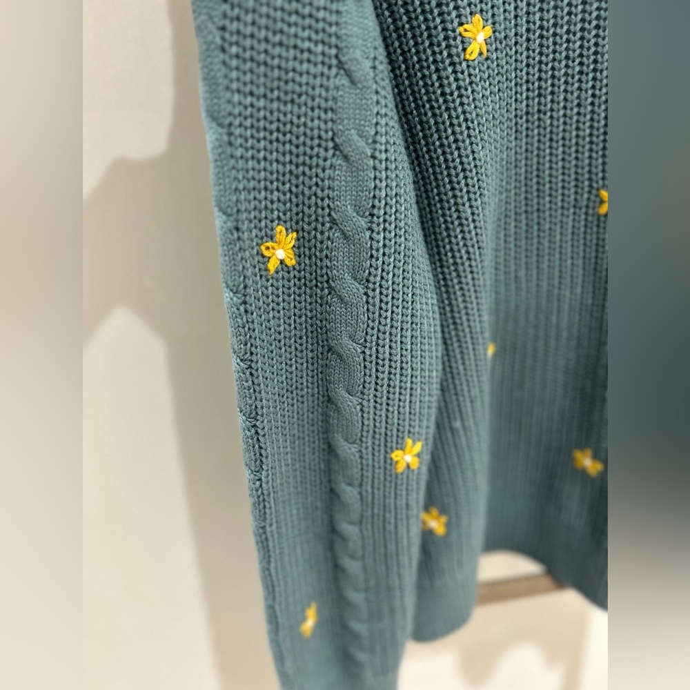 Heyson Teal Cable Knit V Neck Cardigan Sweater Embroidered Yellow Flowers Medium - Picture 4 of 6